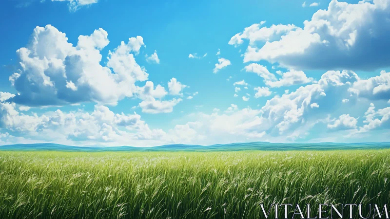 Wide green grass field under bright blue summer sky.