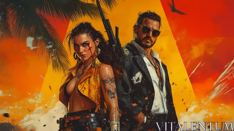 Bold outlaw duo stands strong under a blazing sunset sky