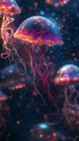 Bioluminescent jellyfish drift through a neon twilight sea