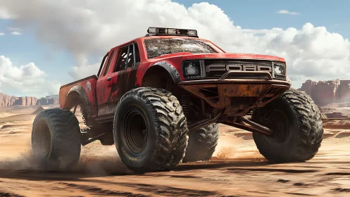 Roaring red monster truck powers through open desert dunes