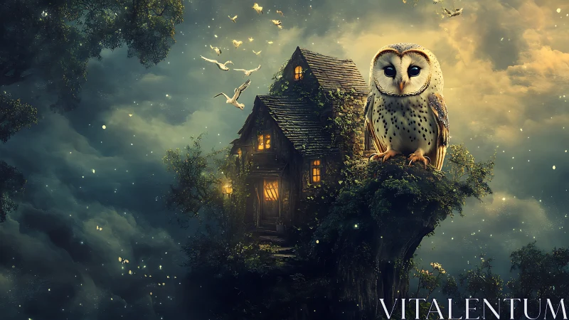 Moonlit owl sentinel above a cliffside cottage of secrets.