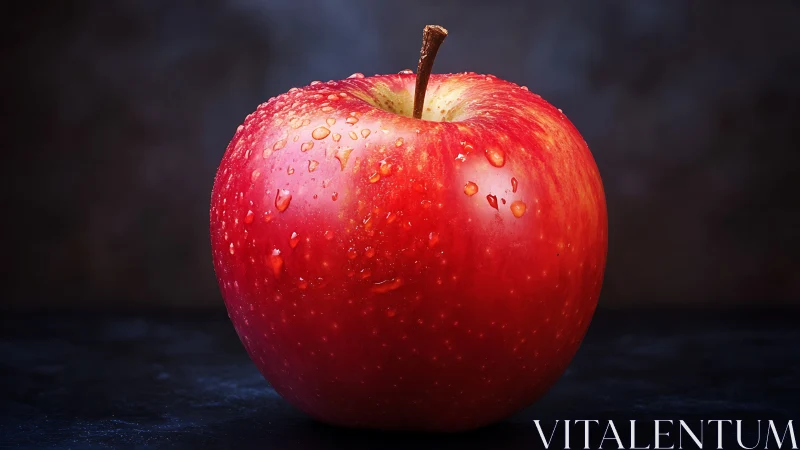 Macro photographic study of dew‑covered red eating apple.