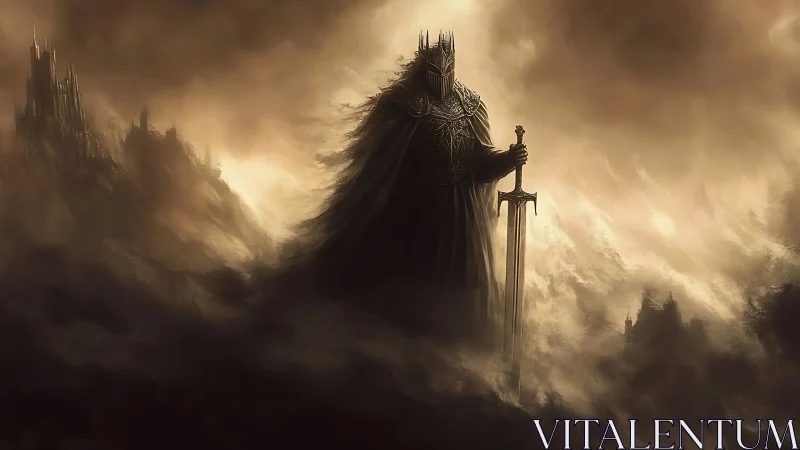 Shadowed dark king stands silent over storm-wrapped realm