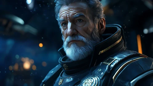 Starborn admiral gazes into the void with weathered resolve.