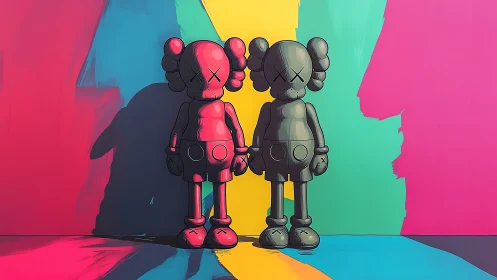 Pop art twin figures on vivid color block backdrop.