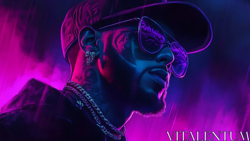 Neon-lit rapper portrait in vibrant cyberpunk glow.