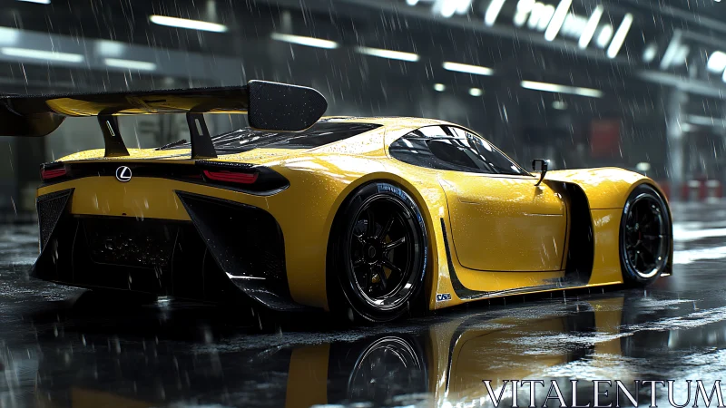 Rain-soaked Lexus track prototype under cinematic pit lighting.