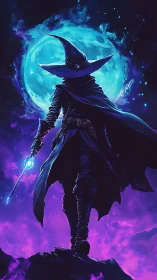 Moonlit wizard strides through glowing violet stormlight