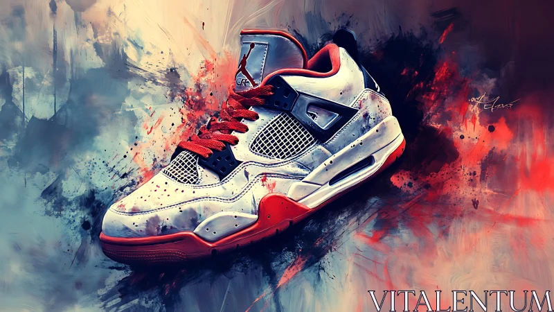 White and red sneaker with abstract paint splash backdrop.