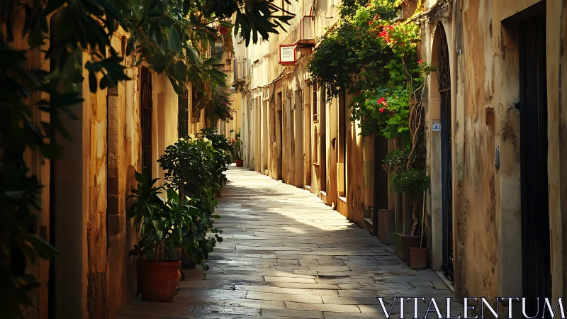 Narrow stone alleyway with potted plants and aged facades.