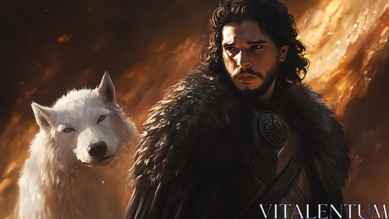 Armored male figure with white wolf against lit background.