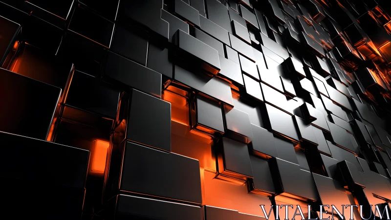 Futuristic Black 3D Cubes With Orange Glow, Abstract Digital Art.