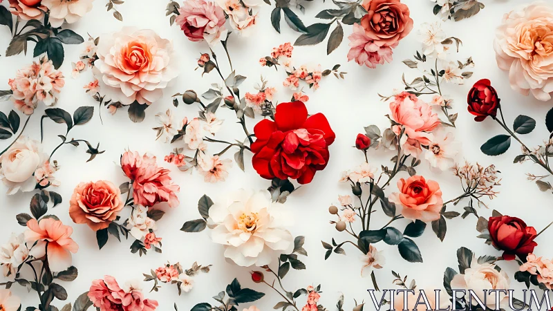 Layered Floral Composition Red Roses Peach Blossoms White Surface