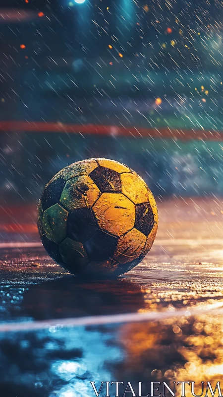 Rain-soaked football on wet court under mixed colored stadium lights