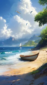 Quiet sailboat dreams along a sunlit turquoise shoreline.