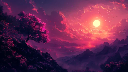 Vivid stylized sunset over mountains and coastal valley.