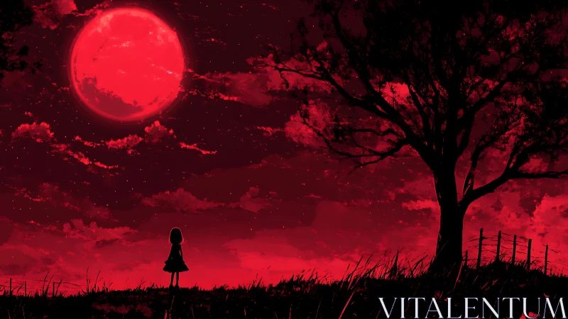 Silhouetted girl studies oversized crimson moon in stylized night sky