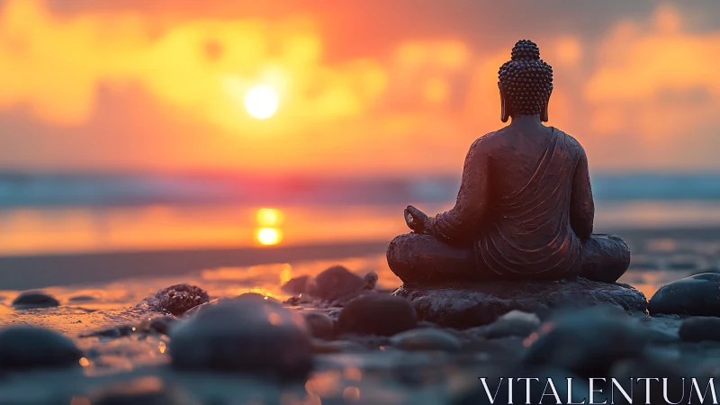Buddha statue sits on wet stones facing a vivid ocean sunset
