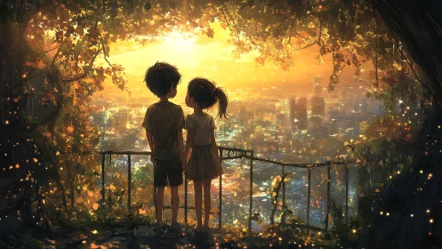 Golden hour city view holds two children in gentle wonder