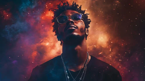 Portrait of man in sunglasses amid cosmic light field.