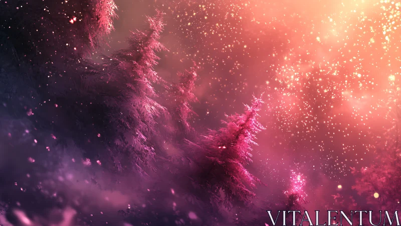 Digital painting of luminous pink forest under radiant sky.