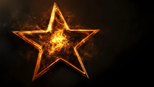 Glowing Golden Star with Fiery Sparks on Dark Background.