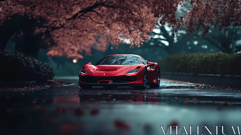 Red supercar stands under cherry blossoms on wet boulevard