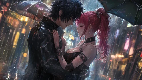 Lovers stand under umbrellas in neon city rainstorm