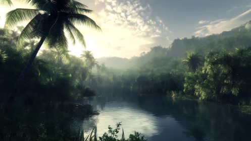 Tropical river valley with dense vegetation at sunrise.