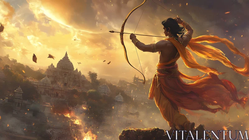 Mythic archer on cliff overlooking burning temple city at dusk