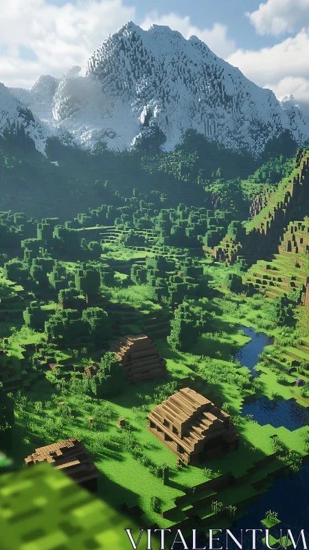 Voxel mountain valley with snow peaks and wooden cabins, daylight