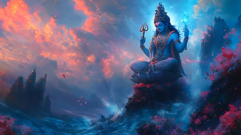 Celestial blue deity levitates above mythic seascape in radiant light
