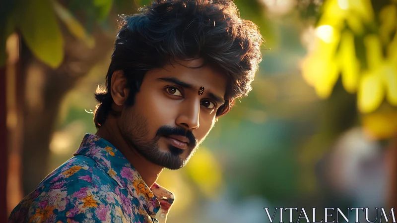 Young man in floral shirt in warm outdoor sunlight.