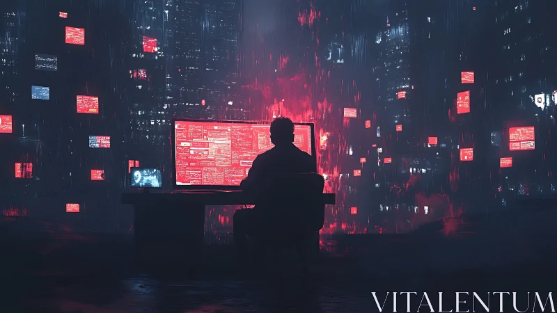 Solitary coder glows softly in a neon drenched digital night