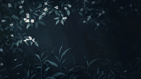 Moonlit Garden with Delicate Blossoms and Foliage.