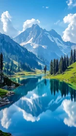 Snow-covered mountain above reflective alpine lake scene.