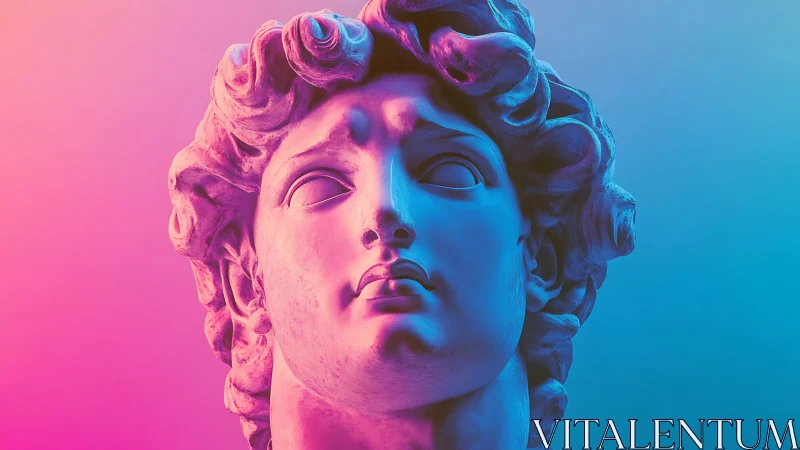 Neon-gradient illuminated classical marble bust, chromatic study.