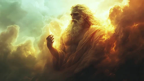 Storm god rises through blazing clouds in golden light.