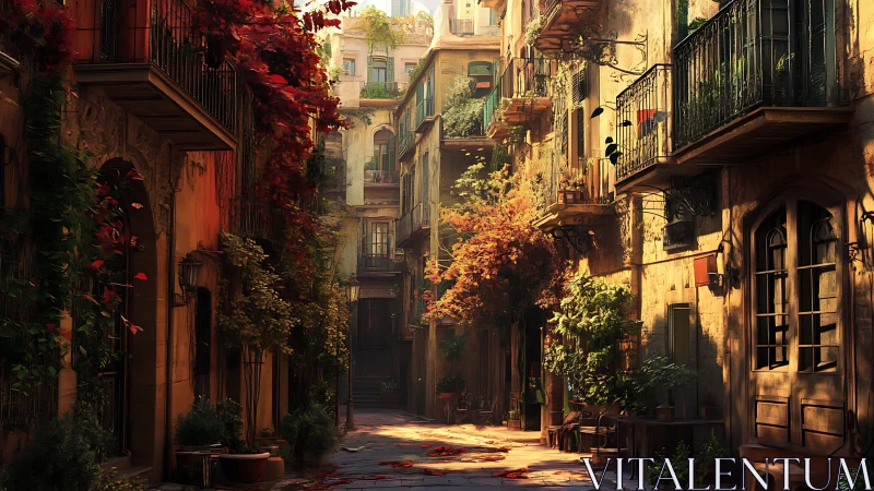 Sunlit Mediterranean alley with lush balconies and ivy.