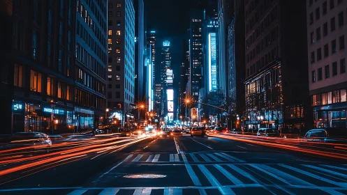 Neon arteries blaze through a sleepless midnight city canyon.