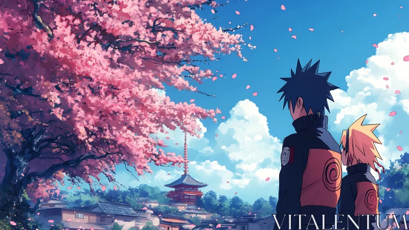 Anime duo beneath blooming cherry blossoms in springtime village.