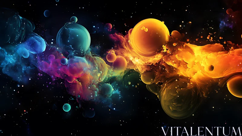 Nebula-like spheres stream across dark cosmic background