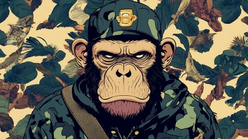 Brooding camo-clad chimpanzee stares forward in dense foliage