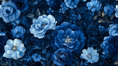 Monochromatic Blue Floral Composition with Layered Rose and Botanical Elements.