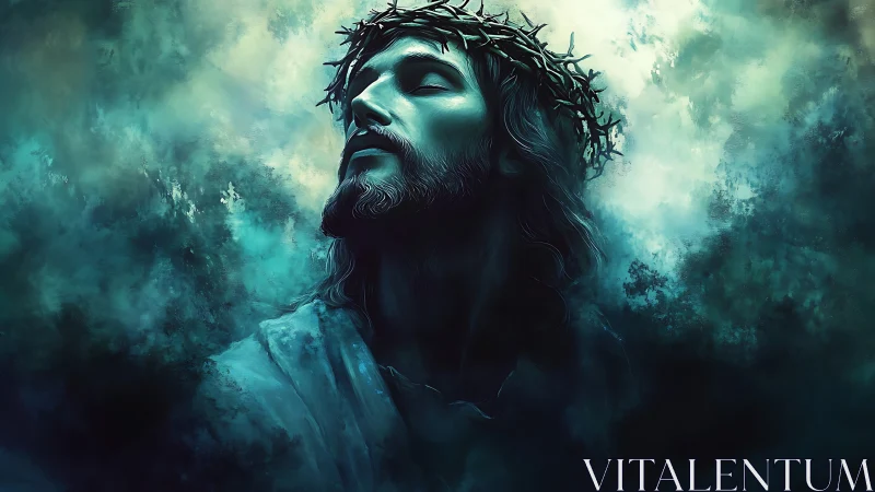 Digital painting of crowned figure in ethereal teal mist.