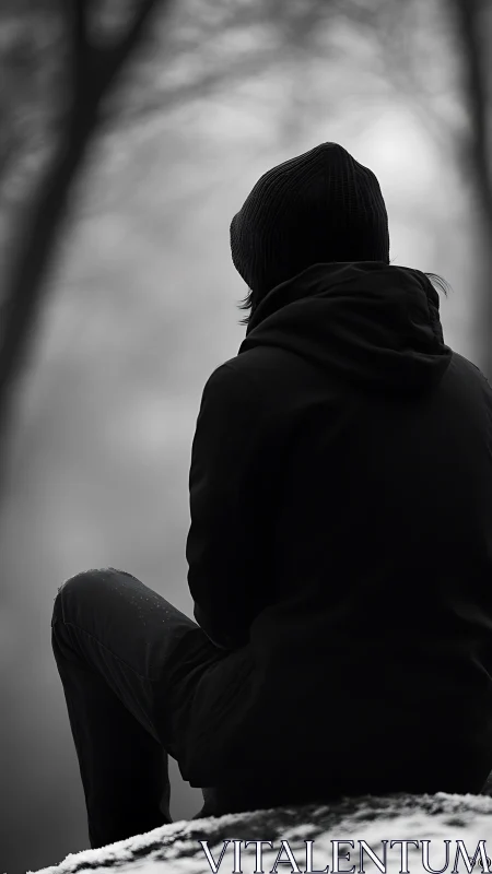 Backlit winter silhouette seated on snow in shallow depth of field