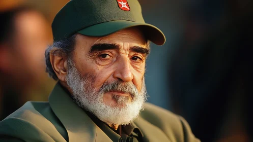 Weathered gaze of an elder in deep green uniformed calm.