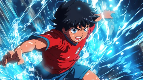 Anime hero surges forward through exploding blue water energy.