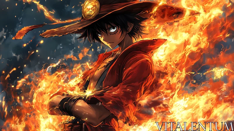 Fiery anime swordsman rendered in dynamic flame lighting