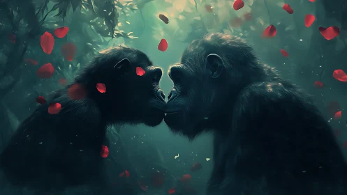 Two Primates in Contemplative Proximity with Falling Petals
